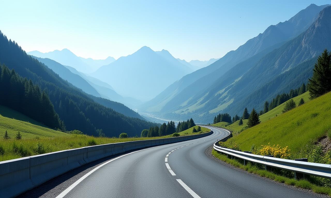 A scenic view of an Austrian autobahn winding through alpine mountains under a clear blue sky.